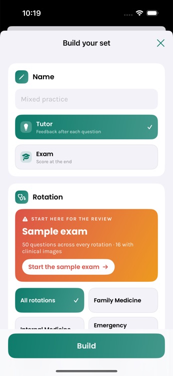 Building a PANCE practice set filtered by EOR rotation, with the 50-question sample exam highlighted