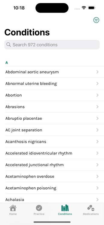 Searchable library of 972 conditions for PANCE and end-of-rotation exam review
