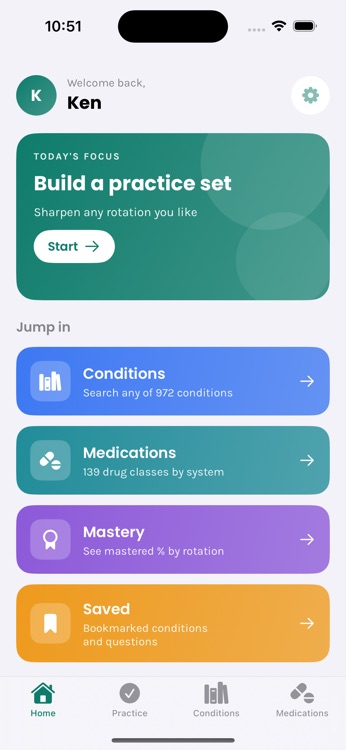 Season One PA Exam Prep home screen showing the practice set shortcut, condition library and medication reference