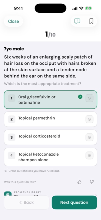 A board-style practice question answered correctly, with the choice-elimination controls visible.