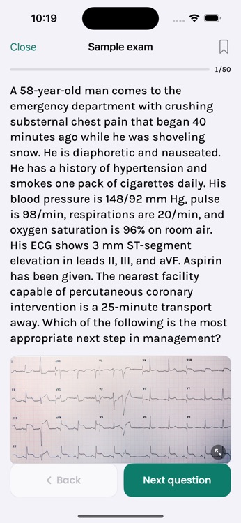 Board-style PANCE practice question with a clinical vignette and 12-lead ECG image